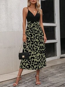 Chiquease 豹纹开衩大腿吊带连衣裙长款女装夏季大学校园服装