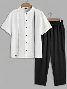 Manfinity Homme Conjunto de camisa de manga corta y pantalones casuales y versátiles para hombres, ropa de otoño, atuendos cómodos - Blanco y Negro - Ver 2