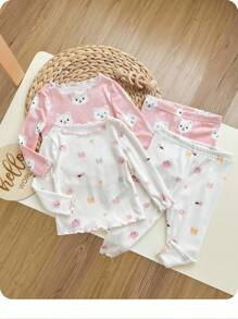 4pcs Baby Girl Cute Cat Print Ruffle Trim Round Neck Long Sleeve Top And Pants Soft Comfortable Homewear Set Graphic - Pink - View 4