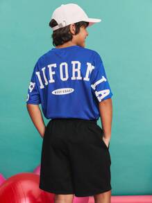 SHEIN Tween Boy Casual Minimalist Comfortable Mid-Waist Letter Print Shorts Black Shorts Boys ,Back To School Season, Christmas