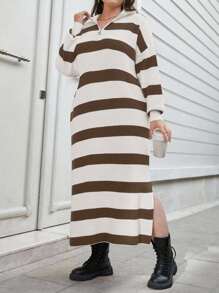 EURMUSE Plus Size Two-Tone Striped Pattern Drop Shoulder Loose Half Zip Up Oversized Sweater Dress - Brown - View 2