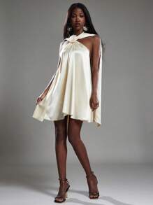 NYA SZN Dress Halter Neck Rose Detail Drape Detail Elegant Formal Wedding Guest Bridal Party Special Occasion Event Ibiza Cool Girl Holiday Satin Mini Length Thanksgiving Christmas NYE New Years Eve Outfits For Women