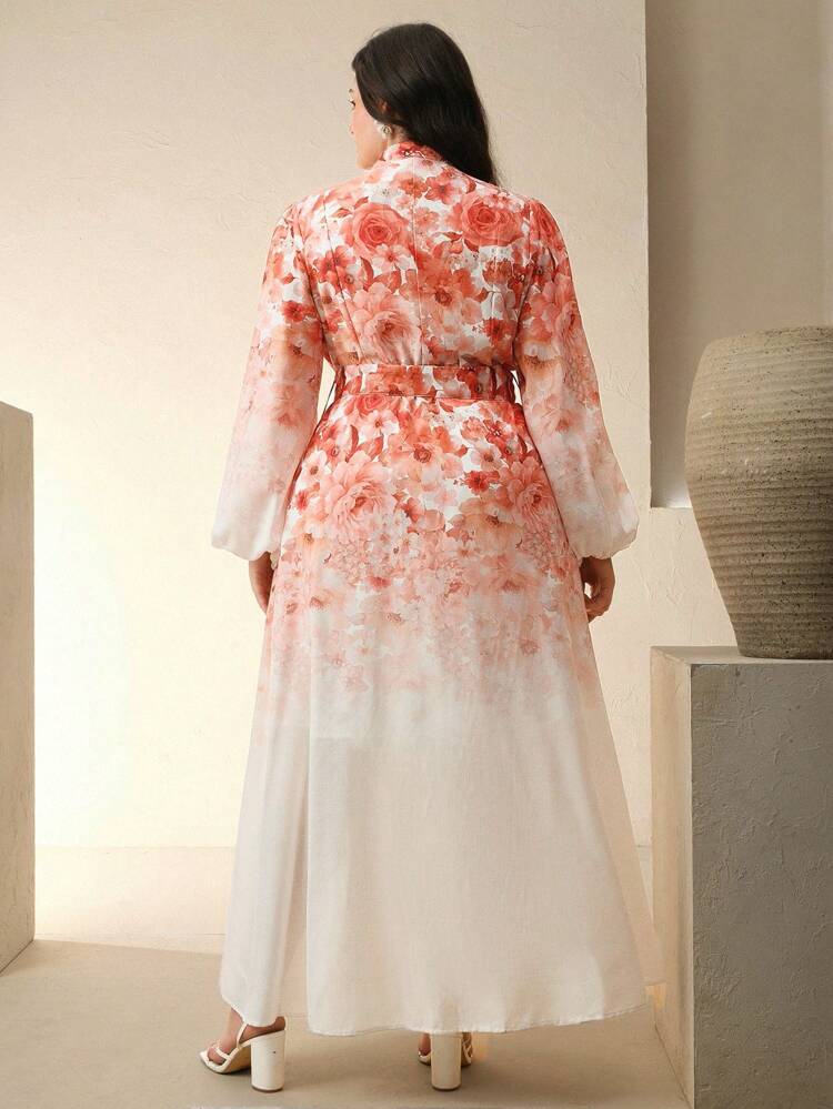 Orange Digital Print Belted Slimming Lantern Sleeve Plus Size Women Long Dress