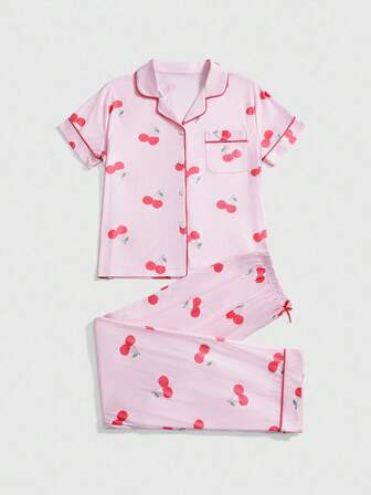 Kawaii Ensemble de pyjama casual à manches courtes avec imprimé cerise et col châle pour femmes, été