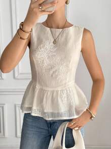 Serisse Áo hai dây thời trang cổ tròn viền bèo nhún họa tiết hoa jacquard dành cho nữ - Màu be - Xem 5
