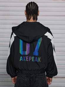 AXEPEAK 男士連帽對比色前拉鍊印花長袖夾克，適合秋冬春季，防風外套，字母細節，戶外穿著 - 黑色 - 查看 3