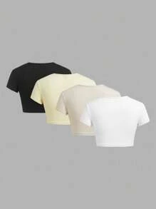 SHEIN BASICS 4 Stücke/Set lässige einfarbige gestrickte Kurzarm Crop Damen T-Shirts mit Rundhalsausschnitt