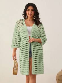 EURMUSE Drop Shoulder Open Knit Duster Cardigan - Mint Green - View 4
