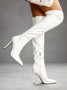 CUCCOO SZL 女士白色压花尖头超高细高跟鞋，性感俱乐部派对过膝长靴 - 白色 - 查看 5