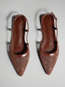SHUZIA GlamEssentials Women's Chocolate Mesh Rhinestone Pointed Toe Slingback Flats – Elegan, Berkilau & Nyaman. Sempurna untuk Pernikahan, Pesta, atau Meningkatkan Penampilan Sehari-hari dengan Sentuhan Chic. - Chocolate Brown - View 5