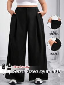SHEIN CURVE+ Curve 大码/秋装/秋季女装/女冬装/冬装大码女式纯色纽扣休闲阔腿裤西装裤，女秋装女秋装，冬季，CURVE PLUS - 黑色 - 查看 1