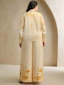 Anewsta 女士优雅日常休闲装，宽松黄色印花长袖开襟衬衫和阔腿裤套装，适合婚礼派对 - 黃色 - 查看 3