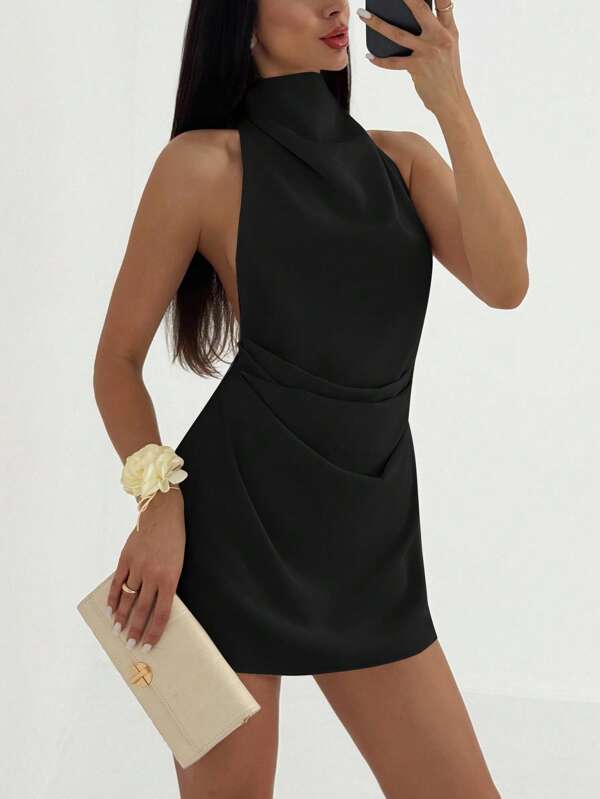 Aloruh Vestido mini plisado de mujer con espalda abierta y atado