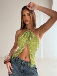 Aloruh Women's Spring & Summer Vacation Beaded Embroidered 3D Floral Slit Tasseled Hem Halter Backless Top Green - Green - View 3