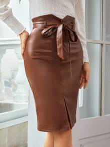 SHEIN Clasi 不對稱腰下擺開叉腰帶PU皮革半身裙 - 鏽棕色 - 查看 4