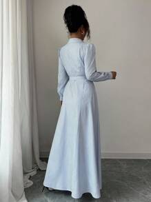 Selianne Váy sơ mi đi làm phong cách Châu Âu thanh lịch hàng ngày dành cho nữ, tay dài, thắt nơ eo, trang trí pha lê, sang trọng cổ điển, thích hợp cho lễ hội âm nhạc, đua xe, đi làm, mua sắm, nghỉ dưỡng và các dịp khác - Màu xanh lam - Xem 2