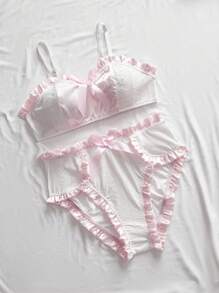 SHEIN 2pcs Set Comfortable Soft Jacquard Texture Satin Ruffle Trim Bow Romantic White & Pink Sexy Lingerie Set For Women - White - View 6