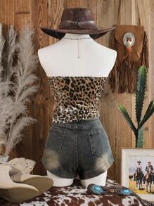 Muchica 女士休闲豹纹天鹅绒紧身抹胸，适合秋冬打底