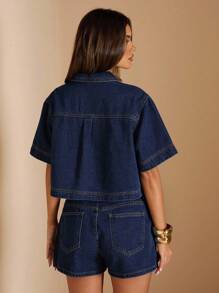 SHEIN BAE 2 Pieces Women's Loose Short Sleeve Denim Top And Loose Wide Leg Shorts Two Pieces Set - Elegant Denim Set, Loose Wide Leg Denim Shorts, Women's High Waist Denim Shorts, Commuter Leisure, Airport Wear,Versatile For Any Occasion,Washed Denim Blue Suit - Dark Wash - View 2