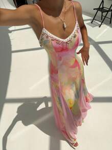 Aloruh New Romantic Vacation Boho Floral Mesh Print Patchwork Shell Ribbon Waist Maxi A-Line Long Dress - Pink - View 5