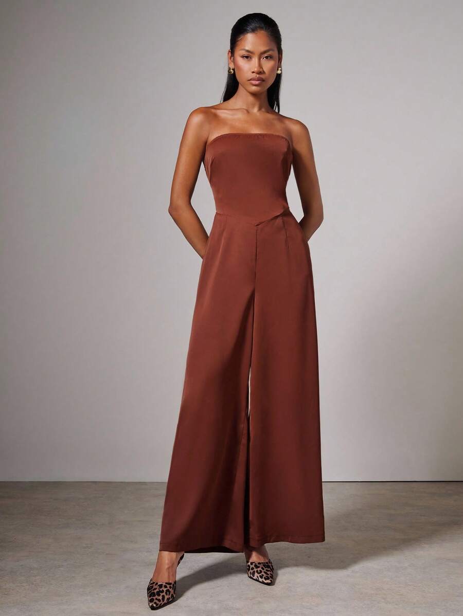 COSMINA Combinaison femme ample à jambes larges de couleur unie, combinaisons pour femmes - Marron - Voir 1