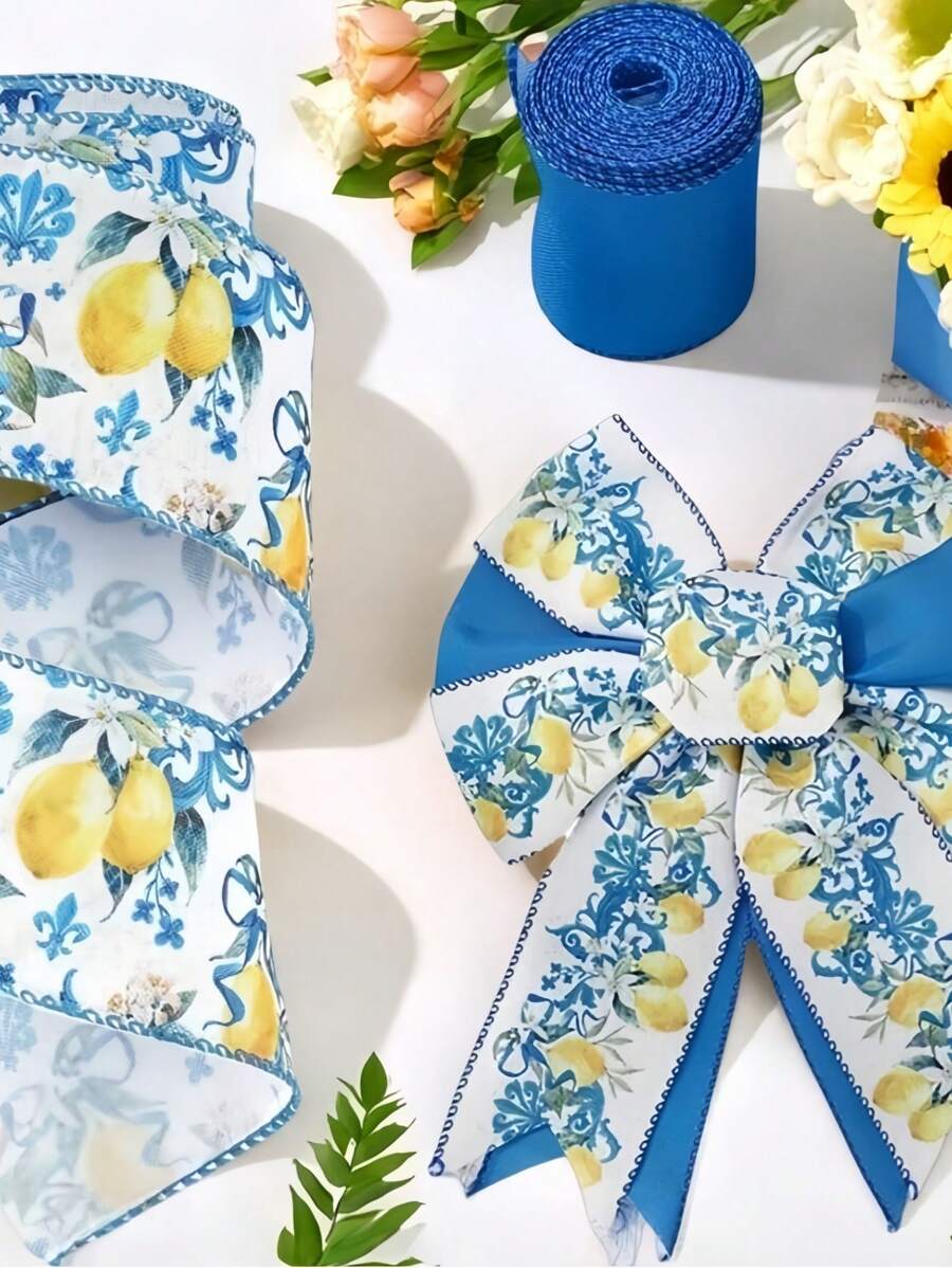 2 Rolls Lemon Wired Edge 2.5inch Yards Blue Tile Lemon Fabric Craft Ribbon For Spring Summer Shower Birthday Gift Wrapping Wreath Bow DIY Crafts