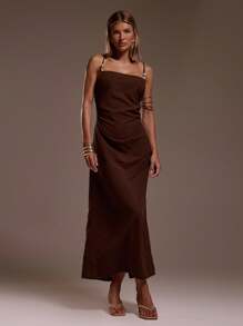 MUSERA 串珠吊带直筒长裙，夏季伊比沙岛风情，适合度假、性感海滩、浪漫优雅场合、生日、波西米亚风、拉菲草编发，秋冬皆宜。 - 咖啡 - 查看 4