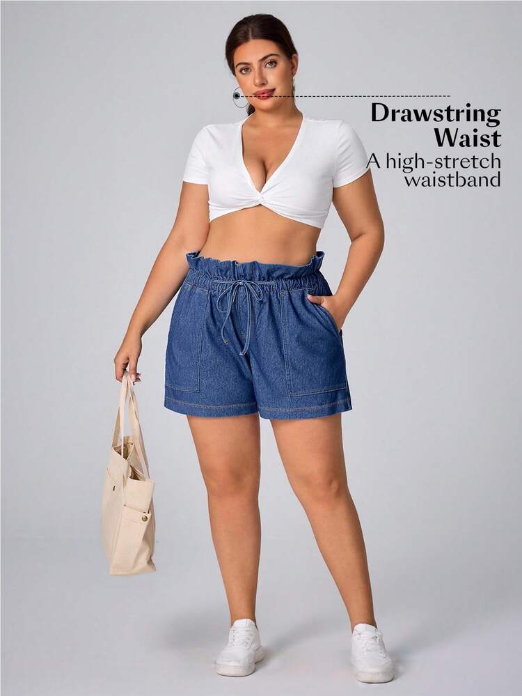 Flexra 大码女式牛仔风格抽绳腰部宽松牛仔短裤，适合秋季、牛仔竞技表演 - 藍色 - 查看 5