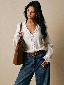 Poéselle Cárdigan casual de mujer de manga larga con contraste de encaje y abotonadura sencilla, ropa de otoño e invierno para mujeres - Blanco - Ver 4