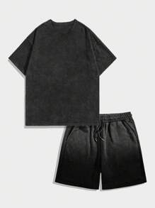 ROMWE MEN Casual 男士纯色圆领短袖T恤和口袋短裤套装 - 黑色 - 查看 1