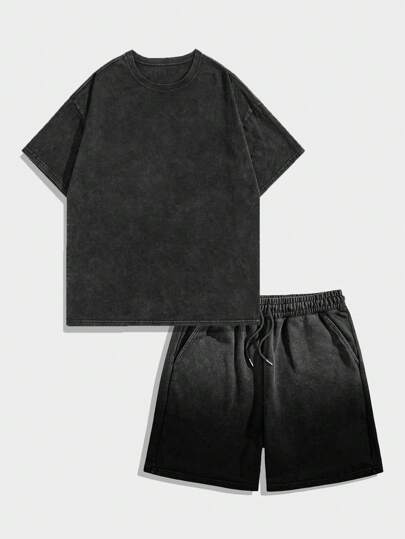 Street Life Conjunto de camiseta de cuello redondo de unicolor de manga corta y pantalón corto con bolsillo para hombre