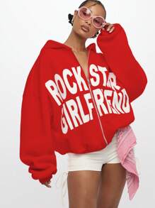 SUMWON WOMEN Rockstar Girlfriend Oversized Zip Up Hoodie Trendsetter Festival Concert Sweatshirt With Retro Graphics Hip Hop Y2K Streetwear - Red - View 8