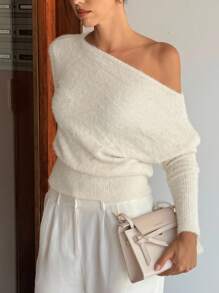 Siren Gaze Beige Slouch Shoulder Loose Knit Sweater, Casual For Trips, Spring/Autumn/Winter