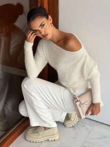 Siren Gaze Beige Slouch Shoulder Loose Knit Sweater, Casual For Trips, Spring/Autumn/Winter