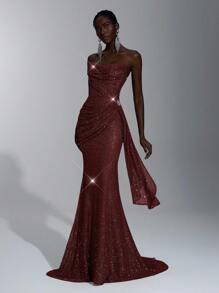 Elitara Cổ áo xếp nếp đính sequin trang nhã, đính đá 3D có thể tháo rời, xếp nếp bên hông, thích hợp cho những dịp trang trọng, đám cưới, tiệc tùng, lễ tốt nghiệp, vũ hội - Màu Đỏ Sâu - Xem 6