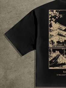 Manfinity Roghcode Men's Casual Japanese Print Cropped Loose T-Shirt, Summer, Emo