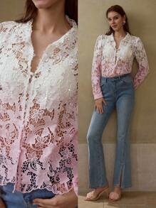 MOTF PREMIUM PINK OMBRE HOLLOW GUIPURE LACE RHINESTONE DECORATIVE CASUAL SUMMER TOP FOR WOMEN - Pink - View 1