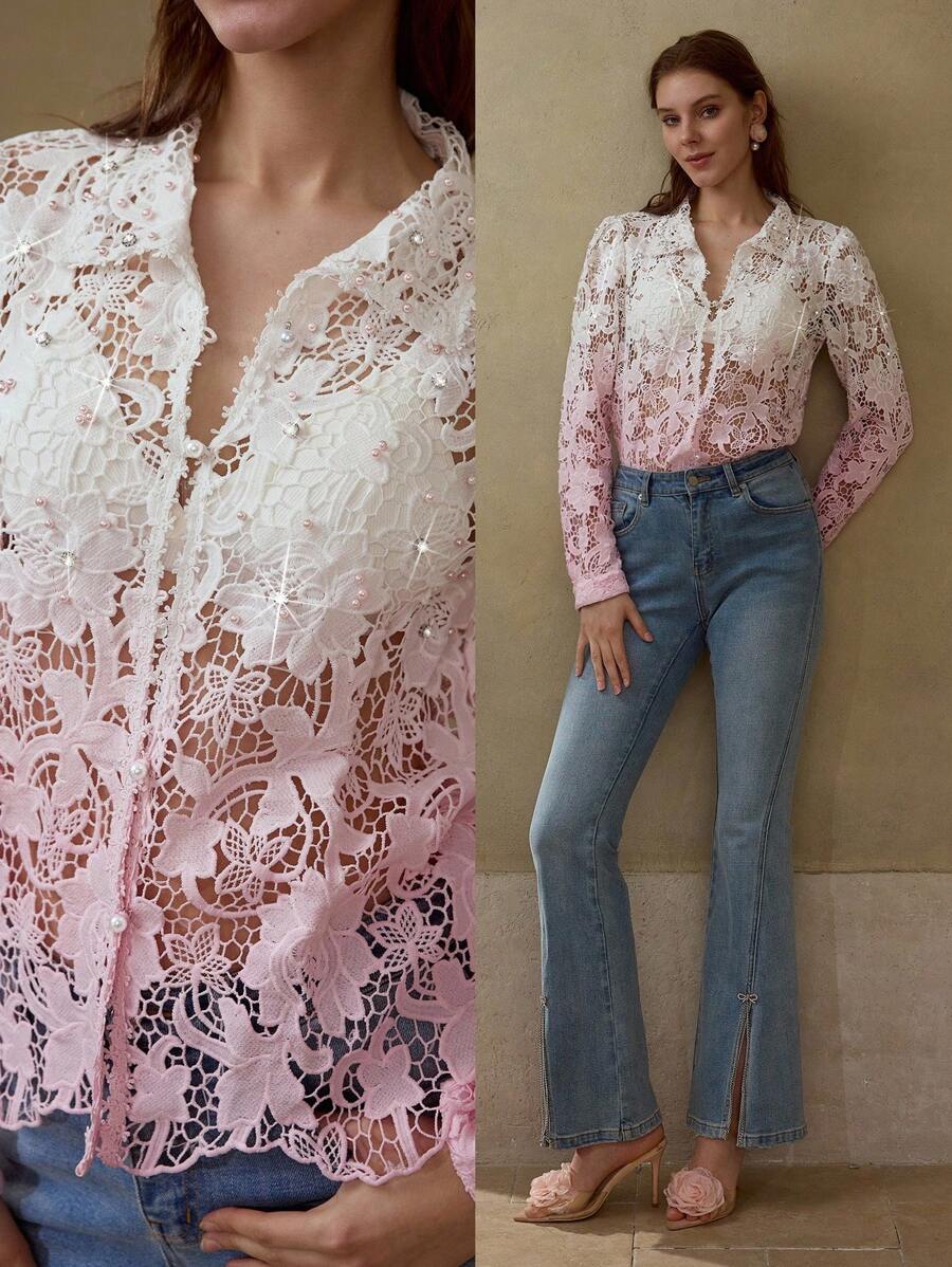 MOTF PREMIUM PINK OMBRE HOLLOW GUIPURE LACE RHINESTONE DECORATIVE CASUAL SUMMER TOP FOR WOMEN - Pink - View 1