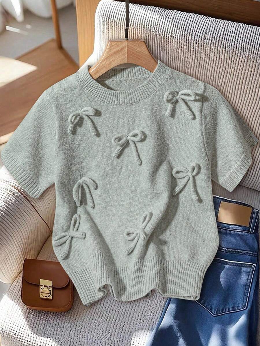 GlowEve 休闲纯色蝴蝶结装饰短袖毛衣针织套头衫秋冬 - 薄荷藍 - 查看 1