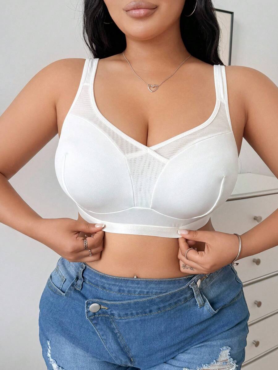 SHEIN Sujetador inalámbrico de malla transparente de la serie Casual de talla grande