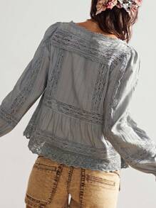 Bohemela 波西米亚风复古乡村风格休闲编织撞色蕾丝花边 V 领长袖女式衬衫 - 藍色 - 查看 7