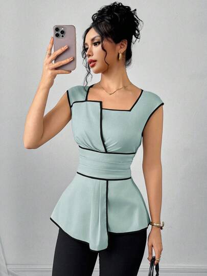 SHEIN Clasi 女士优雅撞色边不对称衬衫，夏季