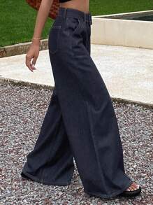 Livesso Women's Casual Loose Fit Slant Pocket Wide Leg Jeans - Dark Wash - View 6