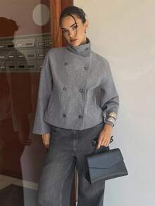 Siren Gaze 女纯色落肩长袖双排扣休闲大衣女双扣休闲羊毛混纺外套秋冬高腰宽袖外套