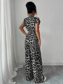 Rafferiza Women's Elegant Stand Collar Open Front Short Sleeve Cinched Waist Wide Leg Jumpsuit Clothes For University - Grey - View 2