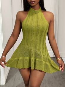 Váy len ngắn màu xanh lá cây hở lưng không tay, hở lưng, viền bất đối xứng, cỡ lớn, mùa xuân/hè 2025 mới - Màu xanh Ô liu - Xem 3