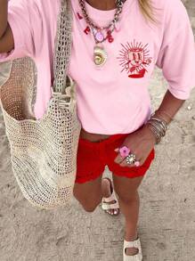 SHEIN Holidaya Women's Round Neck Short Sleeved Shirt With Slogan And Cup Print, Suitable For Spring And Summer - Pink - View 4