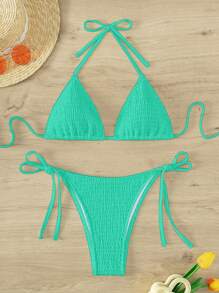 Swim Mod Bộ bikini hở lưng họa tiết trơn màu đi biển dành cho nữ, họa tiết ngẫu nhiên - màu xanh lá - Xem 2
