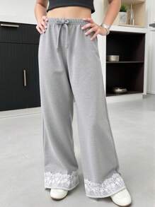 Girls' Casual Sports Elastic Waist Long Loose Straight Pants With 3D Bow Embroidered Hem, Gray, Autumn Fall Winter - Grey - View 1