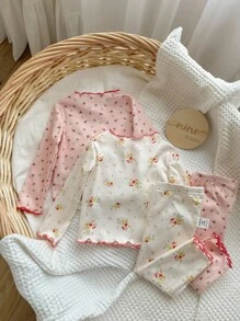 4 sztuki dziewczęcego kwiatowego wzoru marszczonego okrągły dekolt długie spodnie z miękkiej oddychającej piżamy